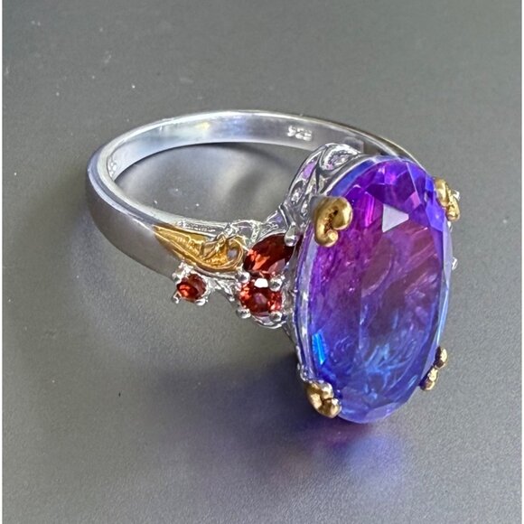 Rhodolite Garnet Silver Ring Gold Plated Accents Size 11 Oval Cut Elegant Design - Picture 5 of 8